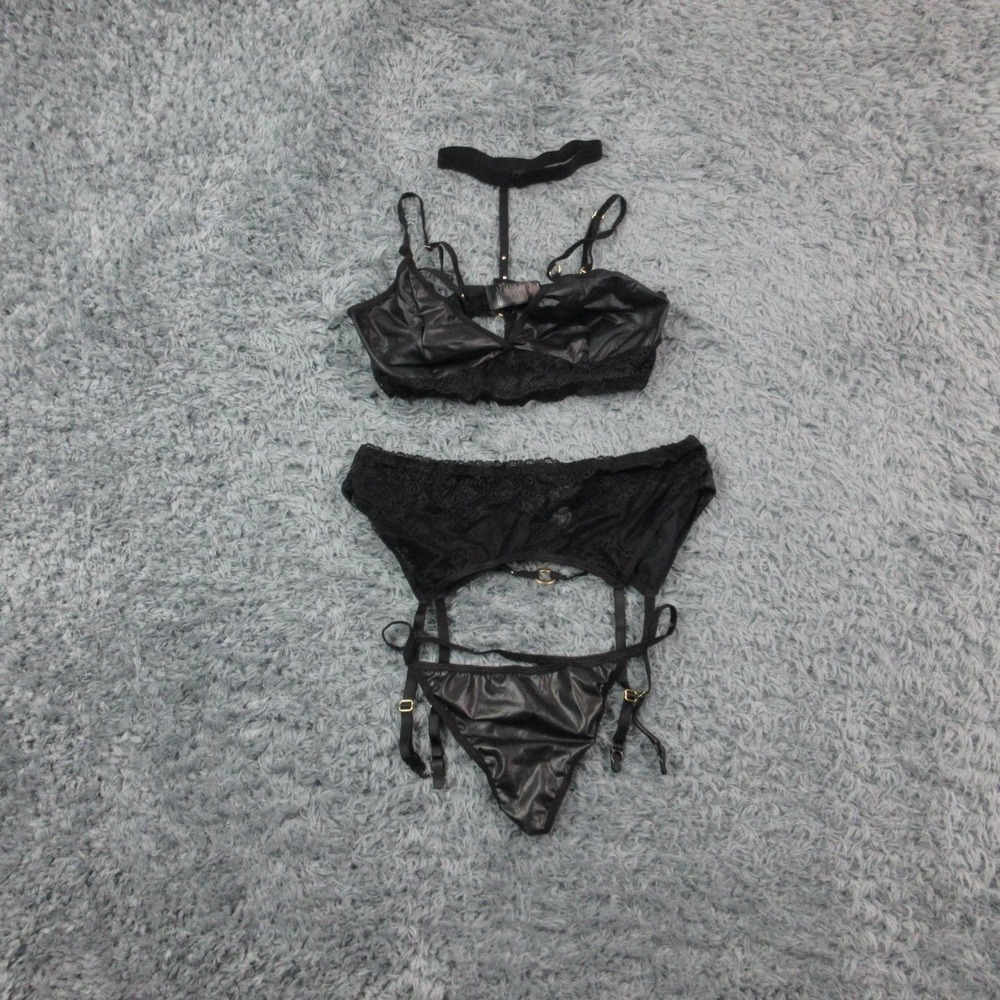Venus Harness Bra Set Womens M Black Lace Strappy Garter Thong Lingerie NWOT